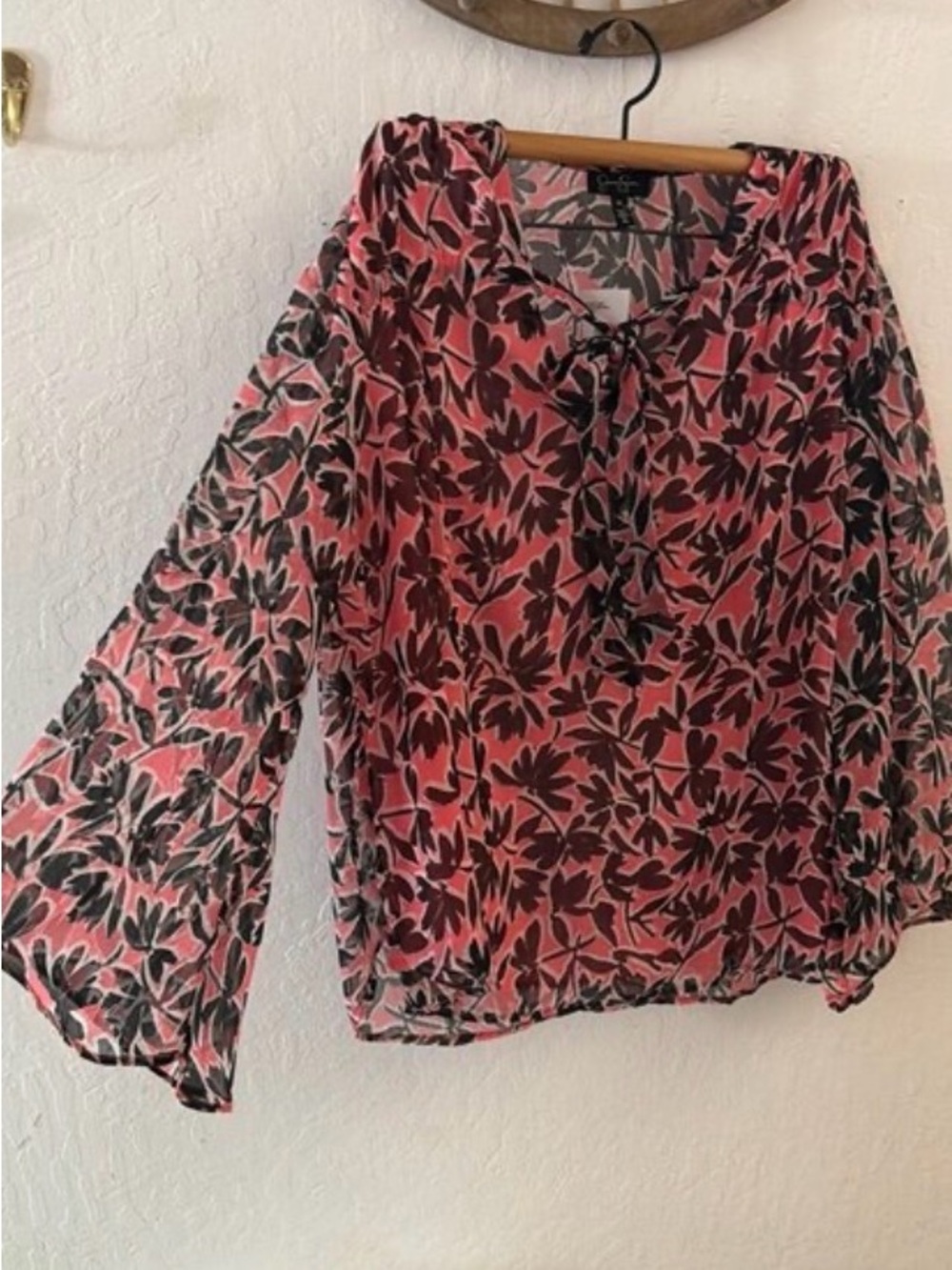Jessica Simpson Pink Floral Chiffon Leslie Blouse Pull Over Wide Sleeve 3/4 XL - Picture 2 of 2